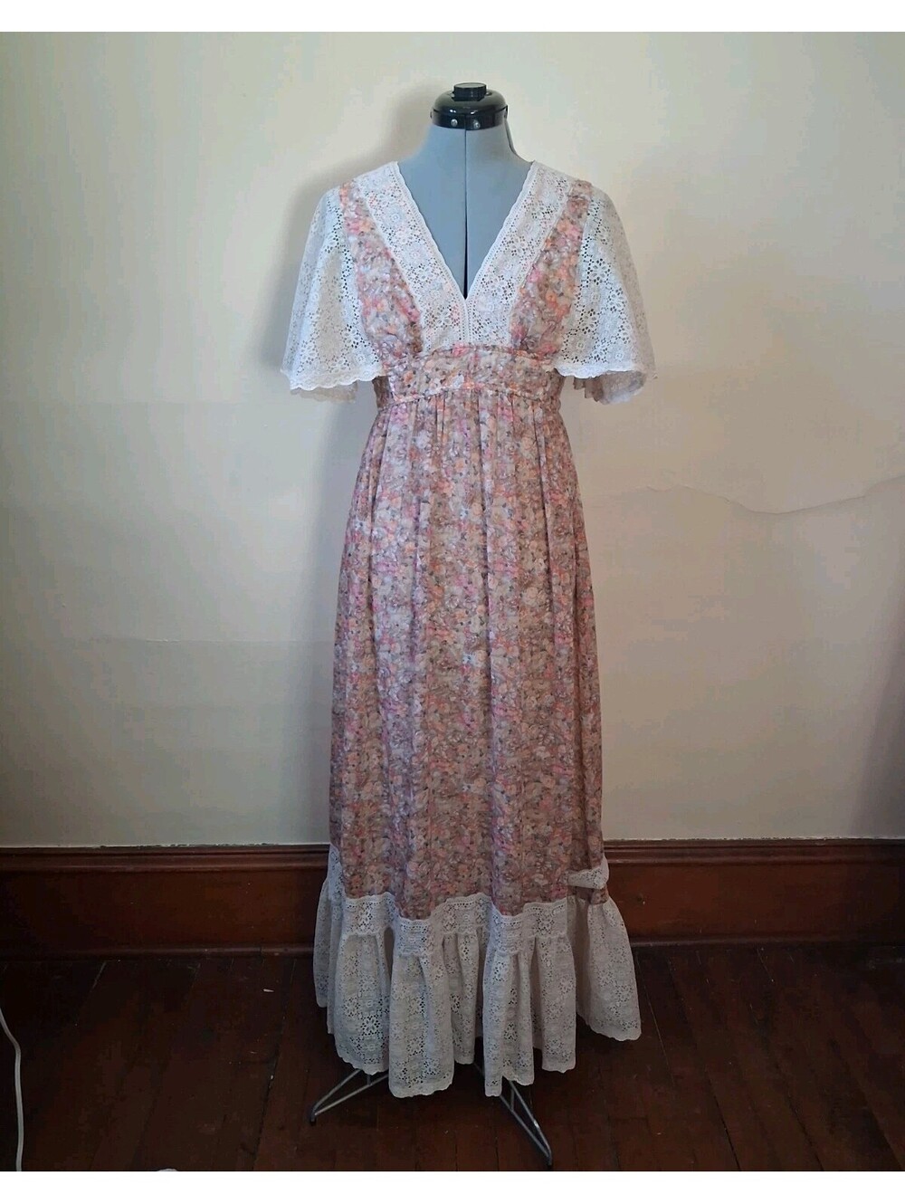 70s Candi Jones California Prairie Dress  Floral Lace Boho Prairie Hippy Size 7